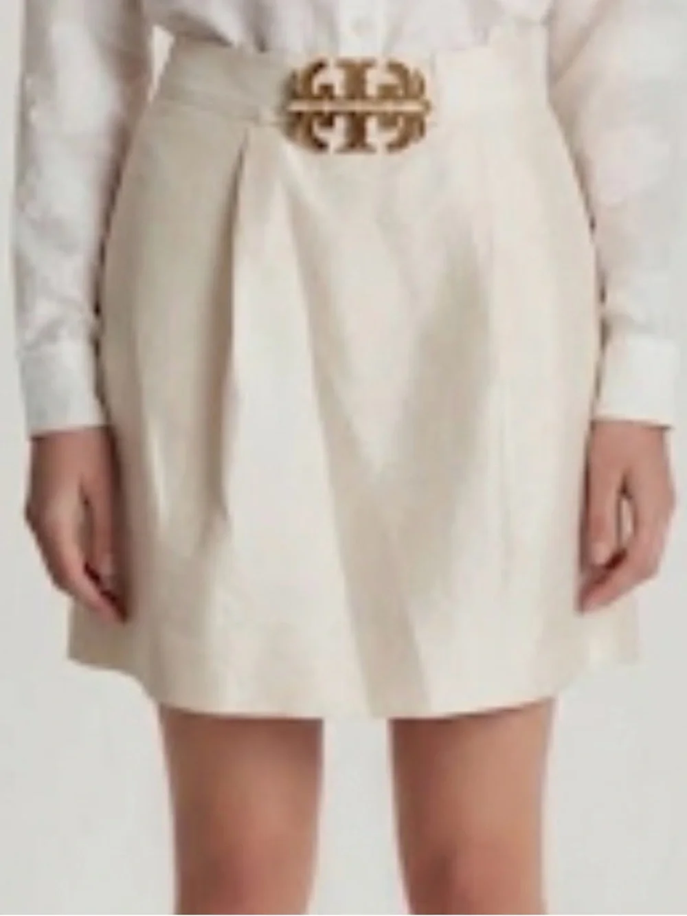 Tory Burch Cream 100% Silk Mini Skirt Gold Double T Logo Buckle Size 2